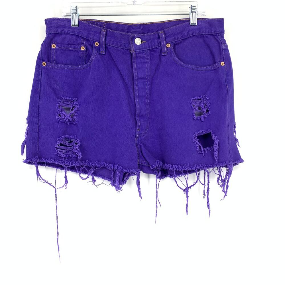 Vintage Levis Jean Shorts Overdyed Purple Distressed Denim Womens Sz 34"